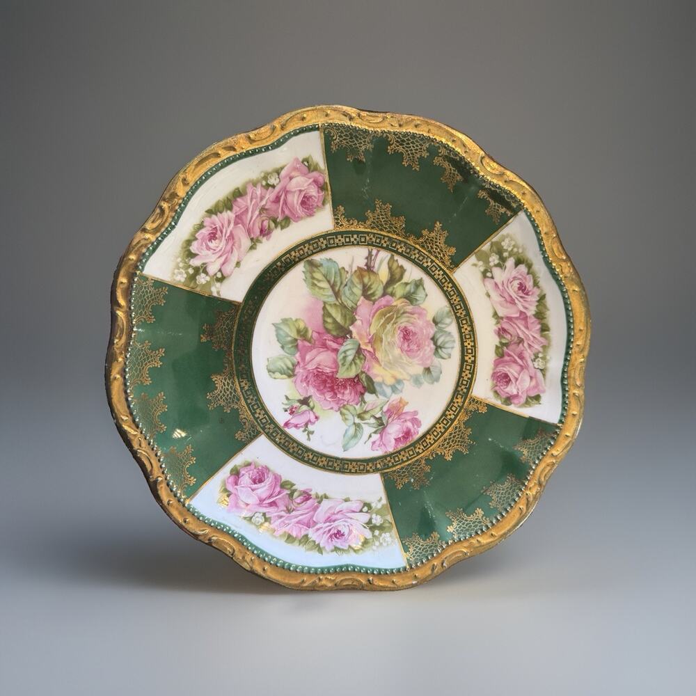 Antique Three Crown China Germany Green Floral Cake Plate Gold Trim Handles 10”
